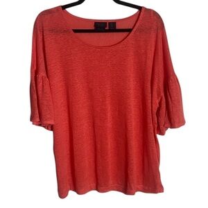 Rachel Roy Blouse Size L Coral 100% Linen Short Bell Sleeve Beach Casual Preppy